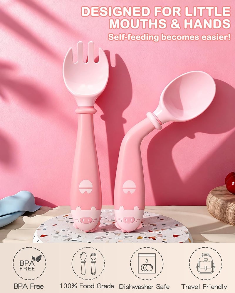 Deejoy Toddler Utensils with Travel Safe Case, Silicone Baby Spoons and Fork Set for Self Feeding, Toddlers Feeding Training Spoon, Easy Grip Heat-Resistant, Bendable Function (2 Sets, Green&Pink) - Image 3